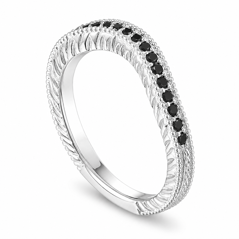 Black Diamond Wedding Band, Curve Matching Wedding Ring Vintage Unique 14K White Gold, Yellow Gold Or Rose Gold 0.20 Carat