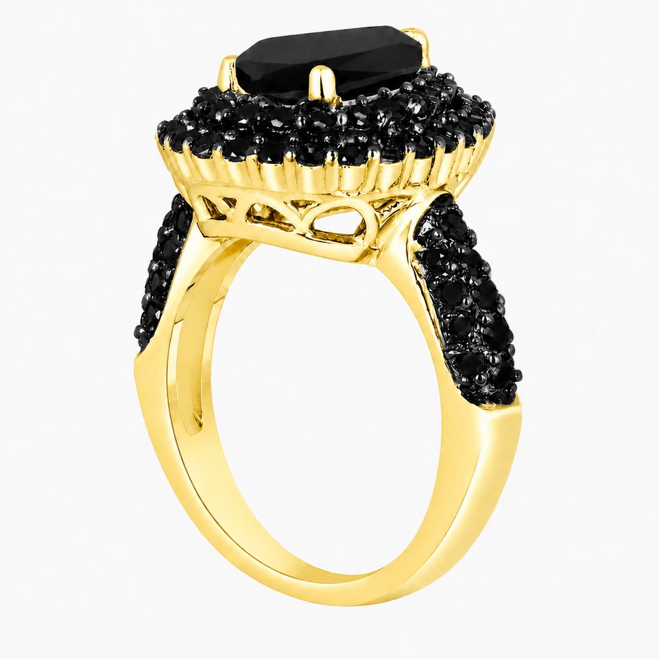 Pear Shaped Black Diamond Double Halo Engagement Ring 14K Yellow Gold, White Gold Or Rose Gold 3.20 Carat Unique Certified Handmade