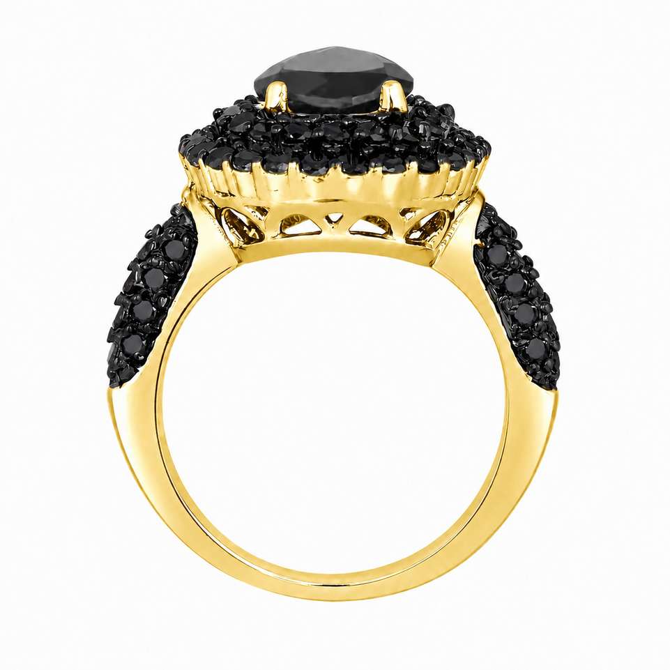 Pear Shaped Black Diamond Double Halo Engagement Ring 14K Yellow Gold, White Gold Or Rose Gold 3.20 Carat Unique Certified Handmade