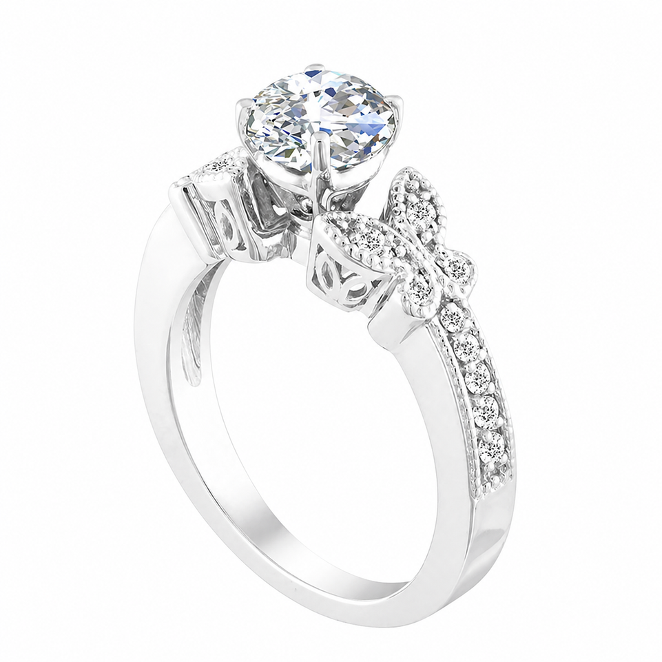 Moissanite and Diamonds Butterfly Engagement Ring 14K White Gold 1.20 Carat Unique Handmade Certified