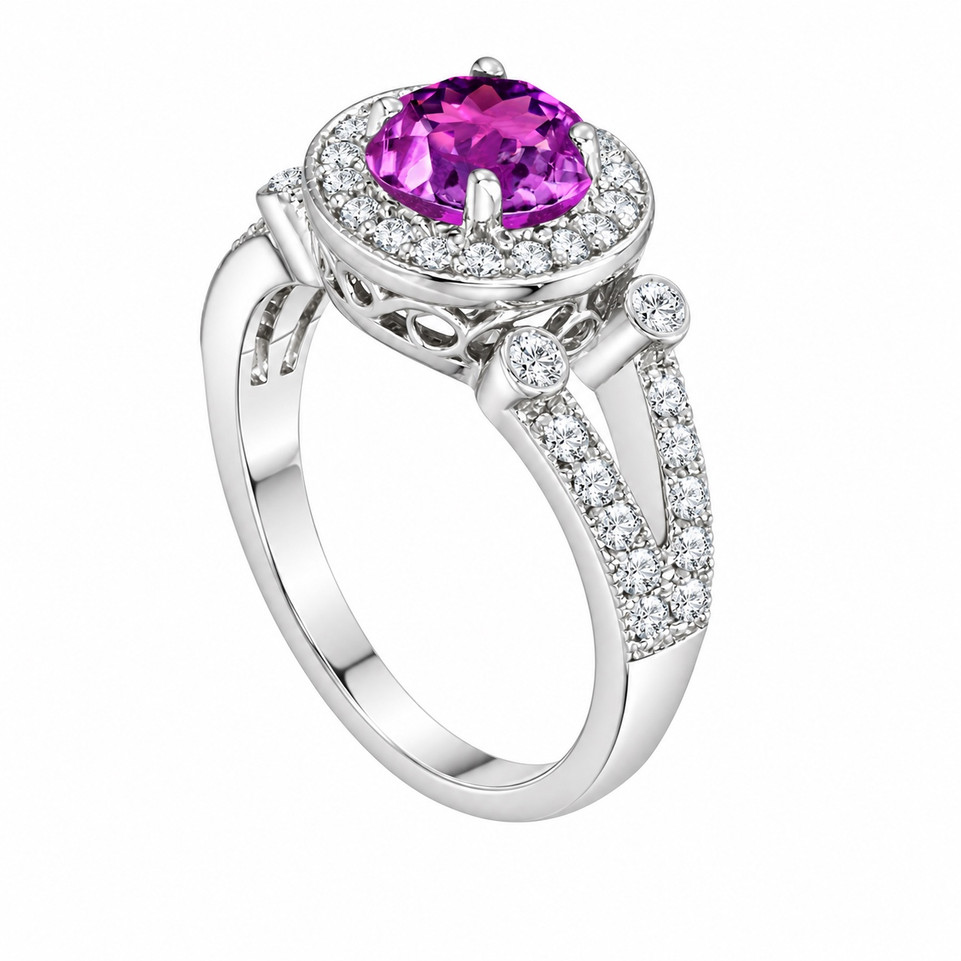 Unique Amethyst Engagement Ring 14K White Gold Diamond Halo 1.50 Carat Total Handmade