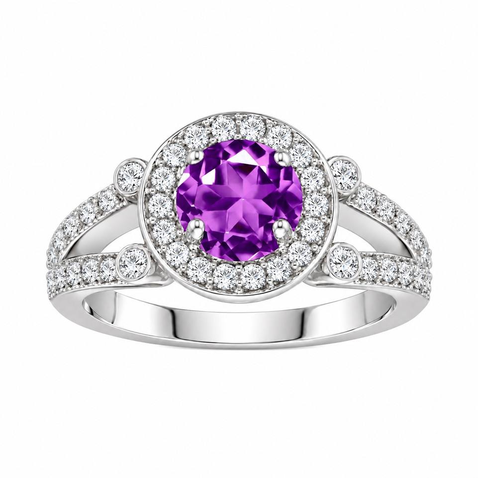 Unique Amethyst Engagement Ring 14K White Gold Diamond Halo 1.50 Carat Total Handmade