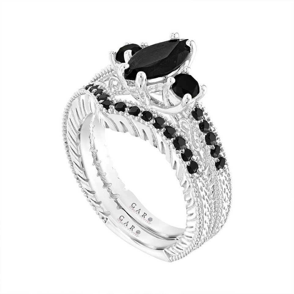 Black Diamond Marquise Engagement Ring & Wedding Band Set, 1.67 Carat Filigree Bridal Set, Unique 14K White Gold, Yellow Gold Or Rose Gold Handmade Certified