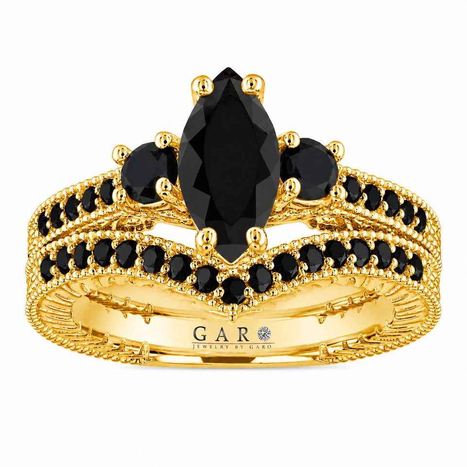 Black Diamond Marquise Engagement Ring & Wedding Band Set, 1.50 Carat Filigree Bridal Set, Unique 14K White Gold, Yellow Gold Or Rose Gold Handmade Certified