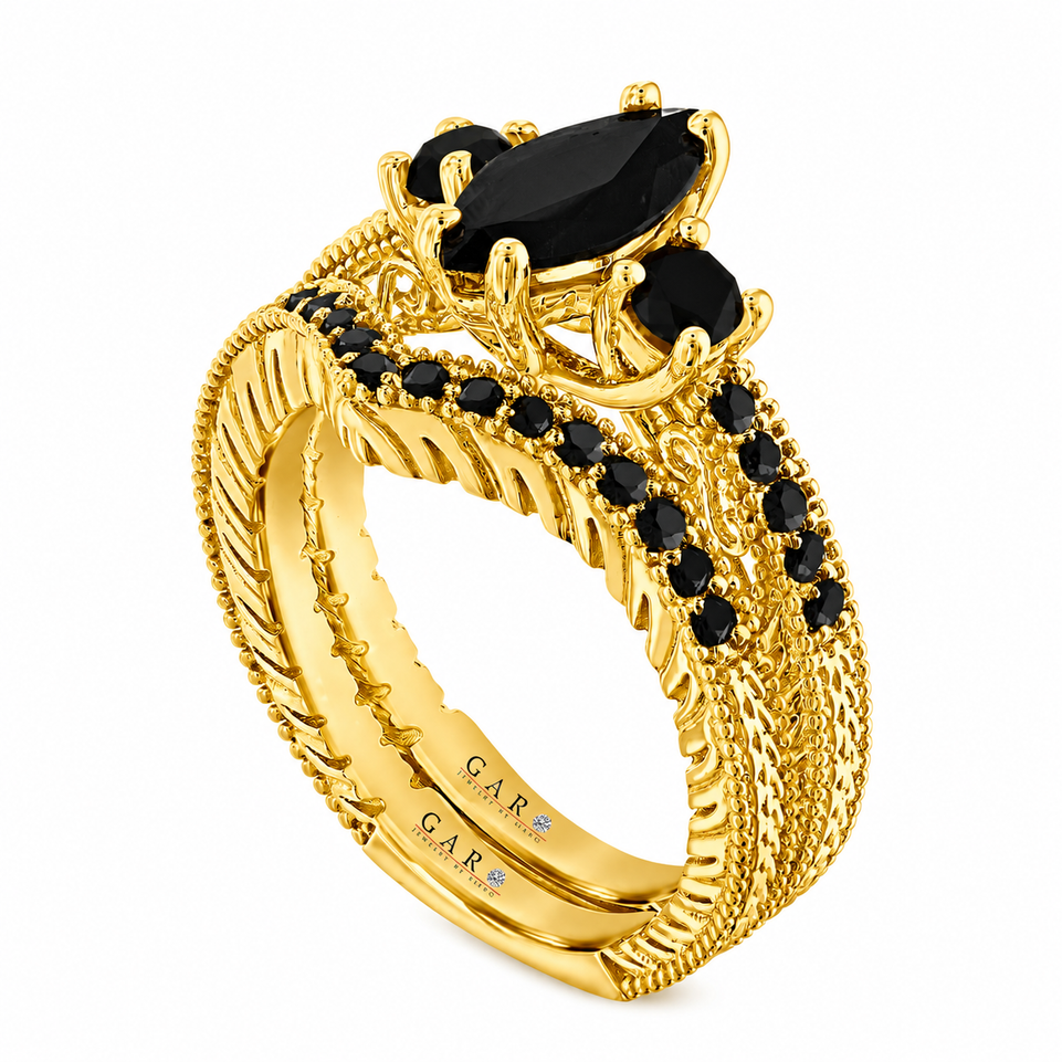 Black Diamond Marquise Engagement Ring & Wedding Band Set, 1.50 Carat Filigree Bridal Set, Unique 14K White Gold, Yellow Gold Or Rose Gold Handmade Certified