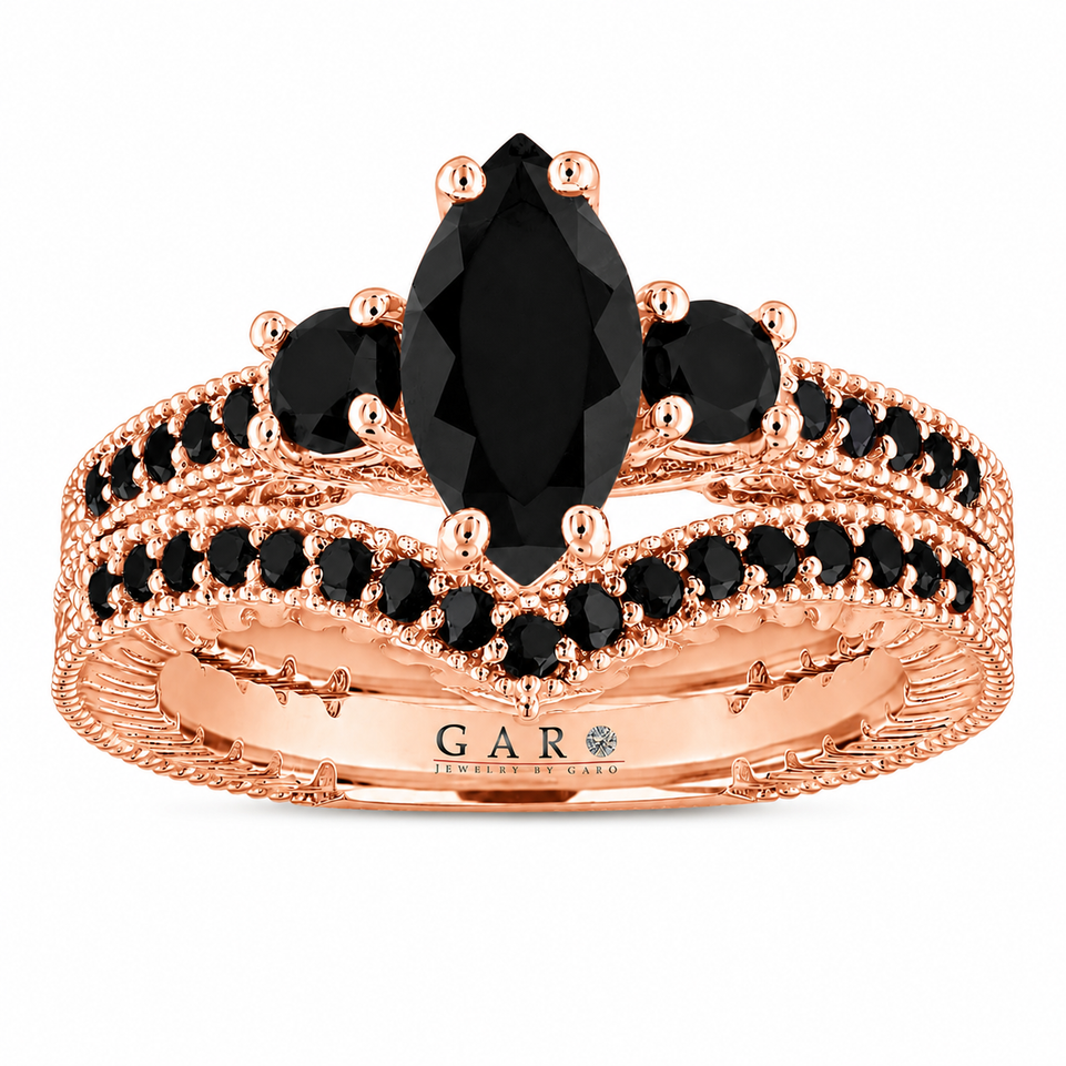 Black Diamond Marquise Engagement Ring & Wedding Band Set, 1.50 Carat Filigree Bridal Set, Unique 14K White Gold, Yellow Gold Or Rose Gold Handmade Certified