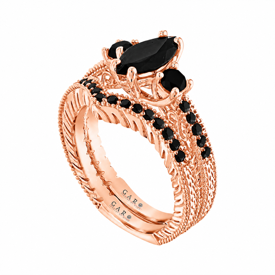 Black Diamond Marquise Engagement Ring & Wedding Band Set, 1.50 Carat Filigree Bridal Set, Unique 14K White Gold, Yellow Gold Or Rose Gold Handmade Certified