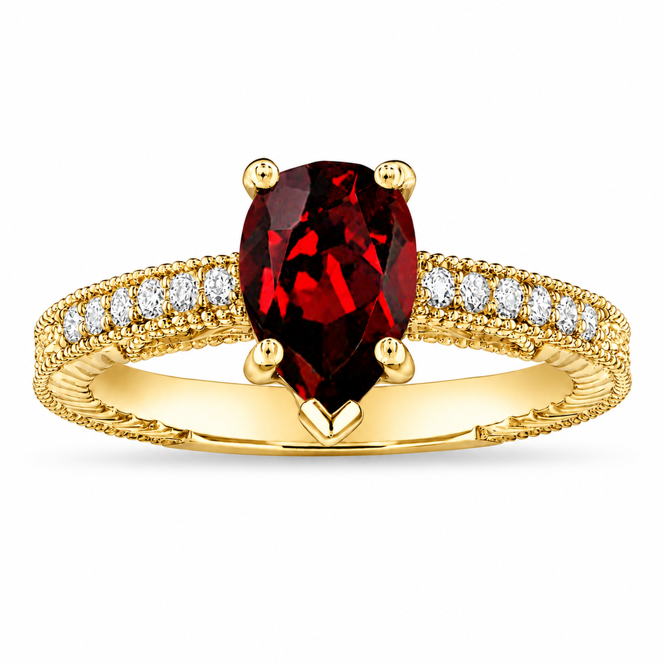 Pear Shaped Garnet Engagement Ring 1.52 Carat Vintage Filigree Milgrain Diamond Accent 14K White Gold Yellow Gold or Rose Gold Handmade Certified