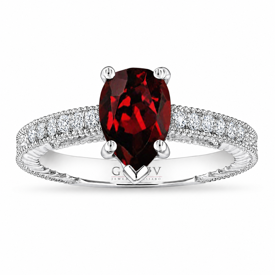 Pear Shaped Garnet Engagement Ring 1.52 Carat Vintage Filigree Milgrain Diamond Accent 14K White Gold Yellow Gold or Rose Gold Handmade Certified