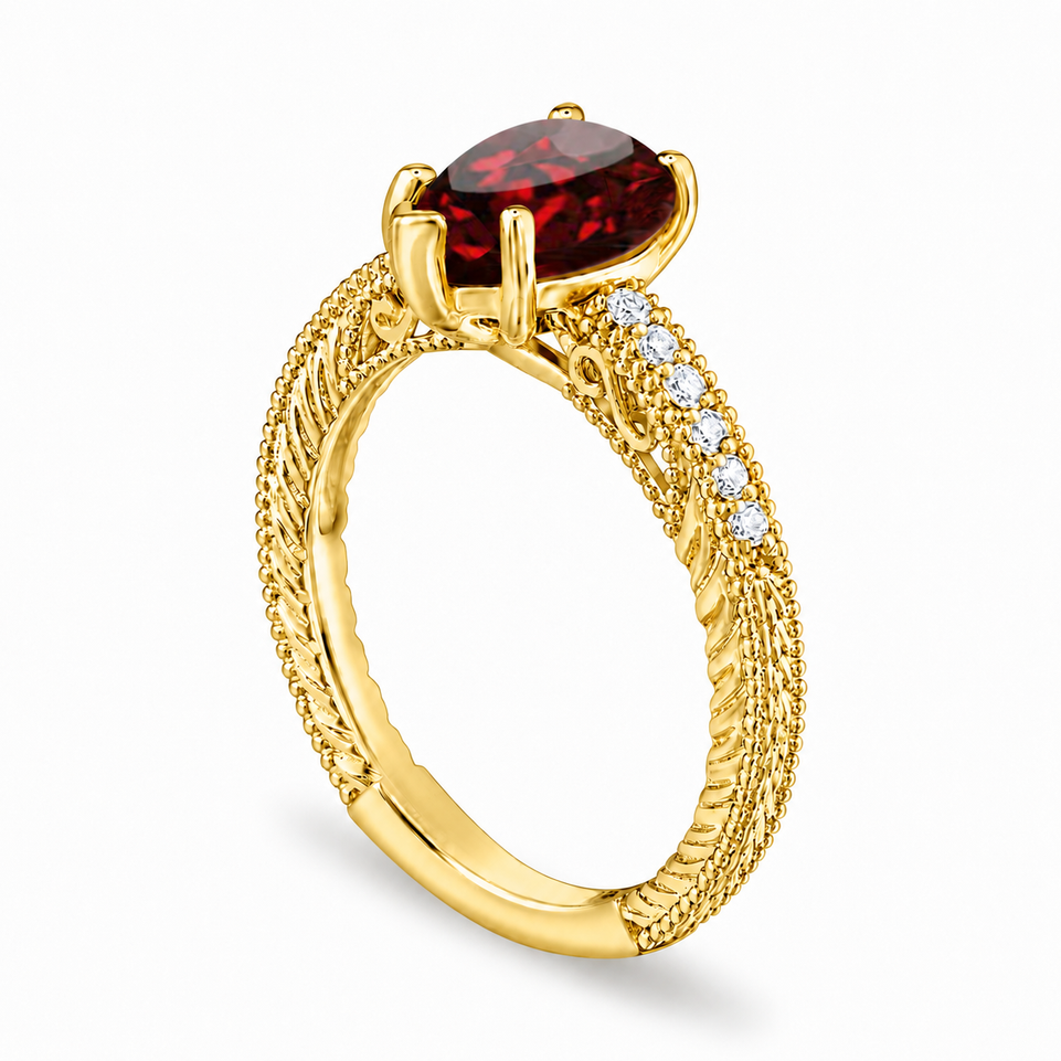 Pear Shaped Garnet Engagement Ring 1.52 Carat Vintage Filigree Milgrain Diamond Accent 14K White Gold Yellow Gold or Rose Gold Handmade Certified
