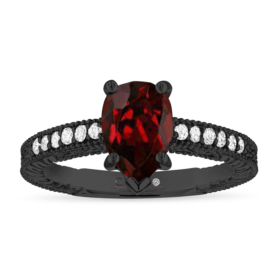 Pear Shaped Garnet Engagement Ring 1.52 Carat Vintage Filigree Milgrain 14K Black Gold Handmade Certified