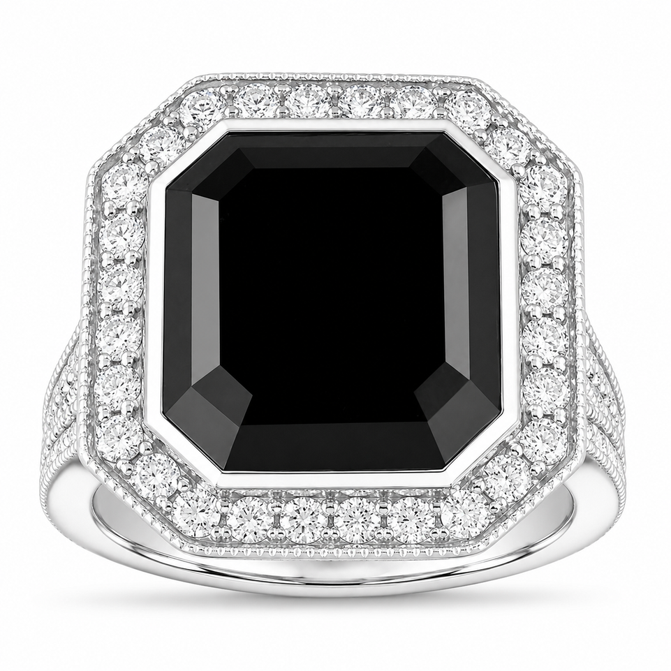 Asscher Cut Black Diamond Engagement Ring 15.14 Carat Certified Platinum Halo Ring Handmade One of a Kind