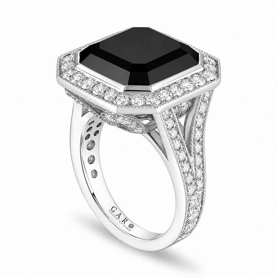 Asscher Cut Black Diamond Engagement Ring 15.14 Carat Certified Platinum Halo Ring Handmade One of a Kind