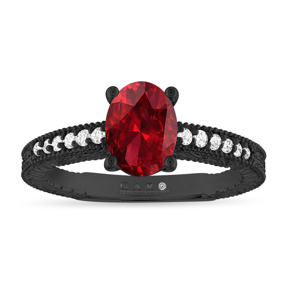 Oval Garnet Engagement Ring Vintage Scroll 1.37 Carat 14K Black Gold Unique Certified Handmade