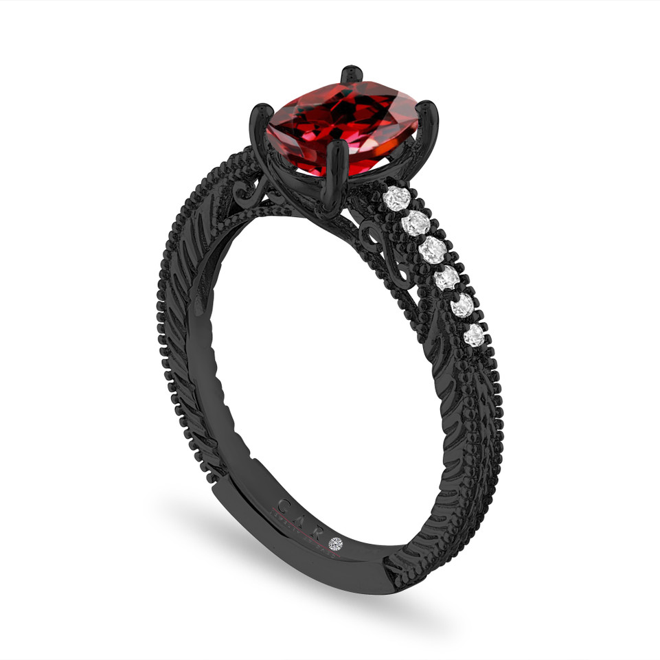 Oval Garnet Engagement Ring Vintage Scroll 1.37 Carat 14K Black Gold Unique Certified Handmade