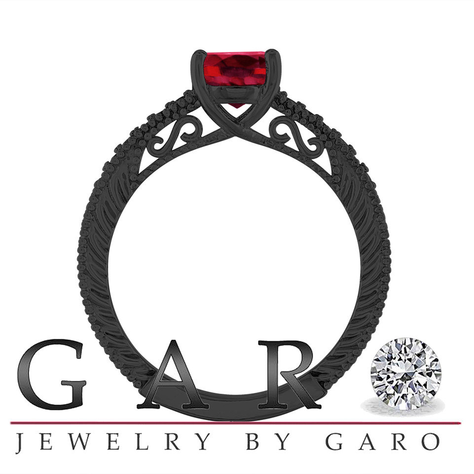 Oval Garnet Engagement Ring Vintage Scroll 1.37 Carat 14K Black Gold Unique Certified Handmade