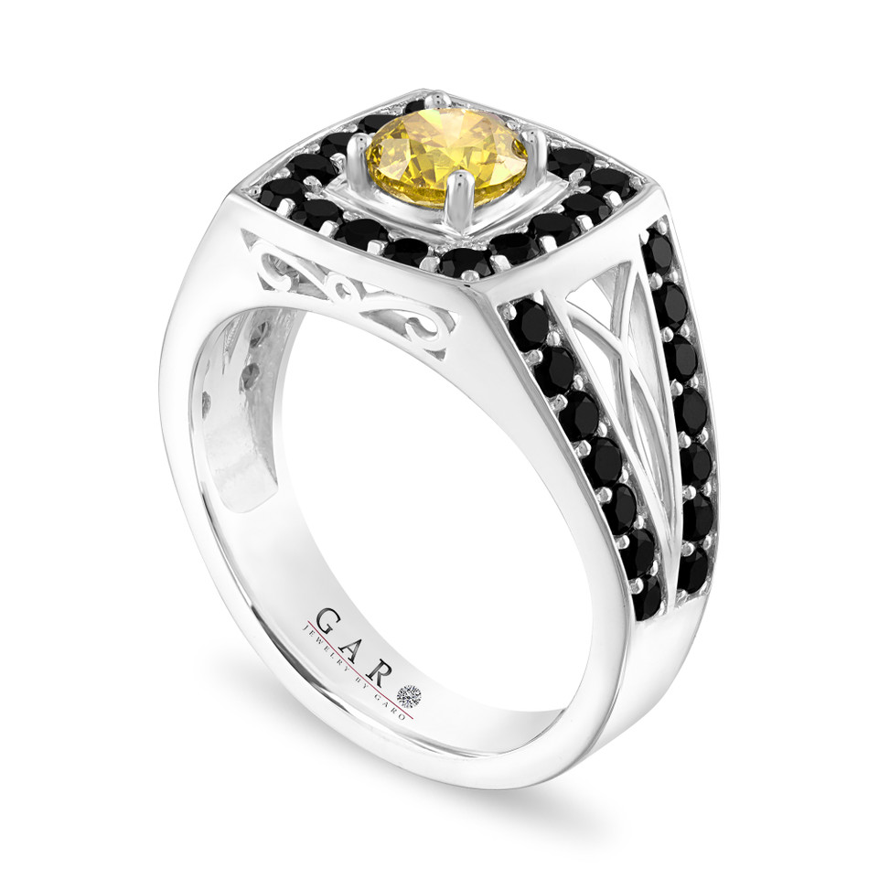 2.80 Carat Yellow Diamond Mens Ring, Unique Halo 14K White Gold or Yellow Gold or Rose Gold Handmade Certified
