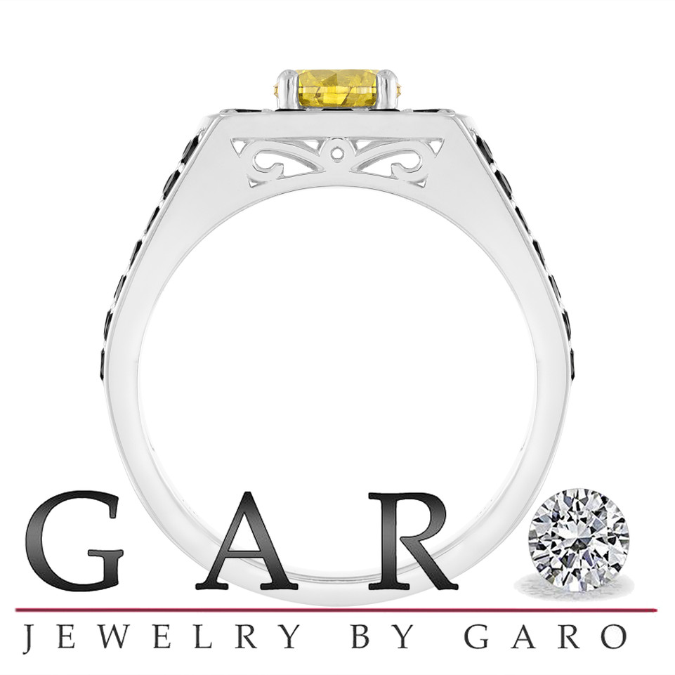 2.80 Carat Yellow Diamond Mens Ring, Unique Halo 14K White Gold or Yellow Gold or Rose Gold Handmade Certified