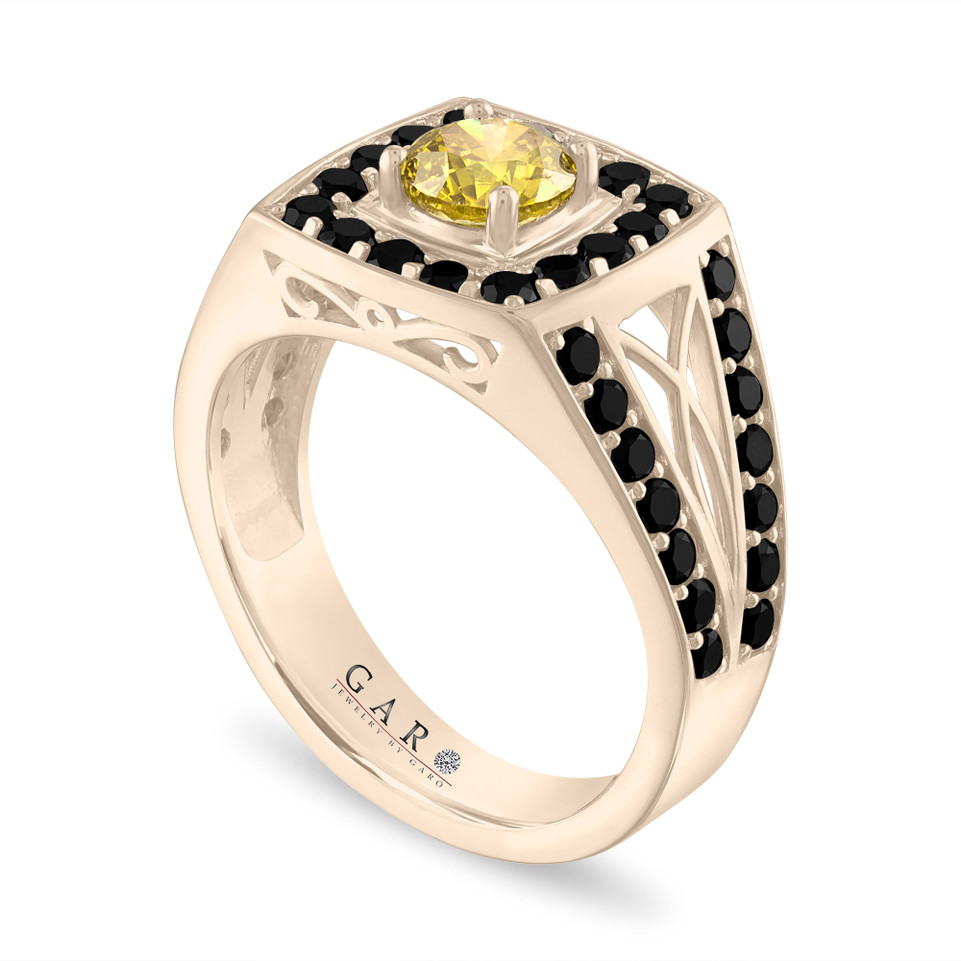 2.80 Carat Yellow Diamond Mens Ring, Unique Halo 14K White Gold or Yellow Gold or Rose Gold Handmade Certified