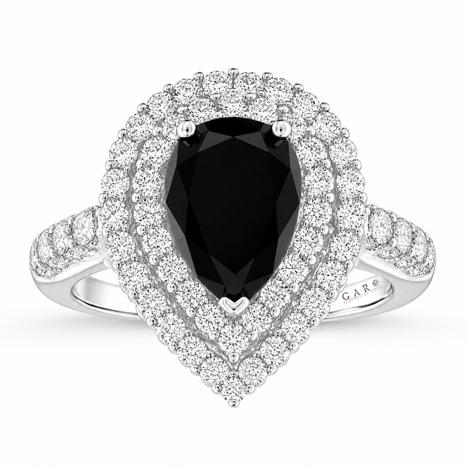 Pear Shaped Black Diamond Double Halo Engagement Ring 2.88 Carat 14K White Gold, Rose Gold Or Yellow Gold Unique Certified Handmade