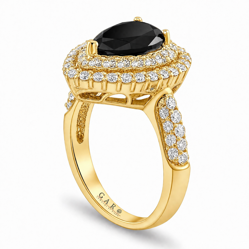 Pear Shaped Black Diamond Double Halo Engagement Ring 2.88 Carat 14K White Gold, Rose Gold Or Yellow Gold Unique Certified Handmade