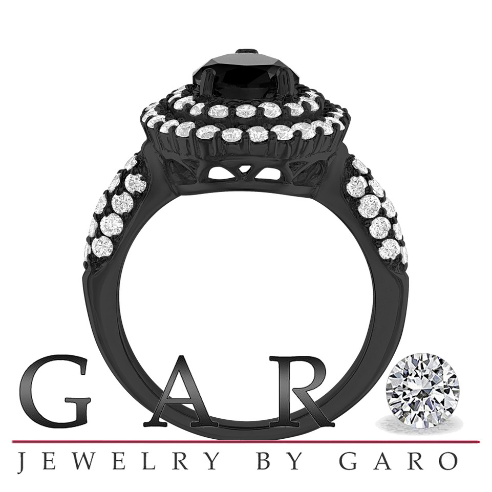 Pear Shaped Black Diamond Engagement Ring Double Halo 14k Black Gold Vintage Unique 2.88 Carat Certified Handmade