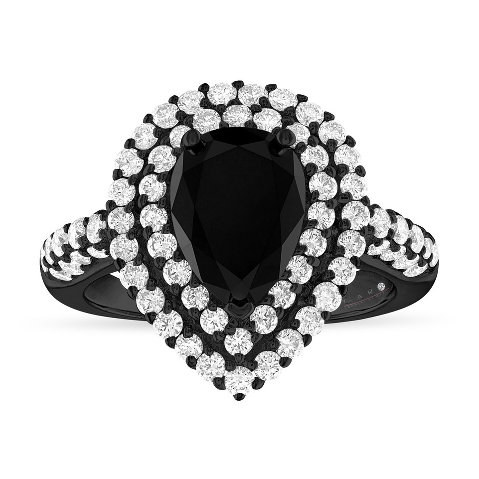 Pear Shaped Black Diamond Engagement Ring Double Halo 14k Black Gold Vintage Unique 2.88 Carat Certified Handmade