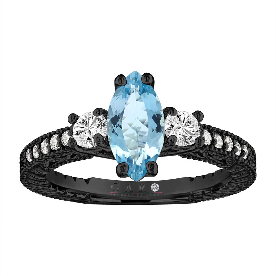 Aquamarine Marquise Engagement Ring and Wedding Band Sets 1.39 Carat Vintage 14K Black Gold Unique Handmade