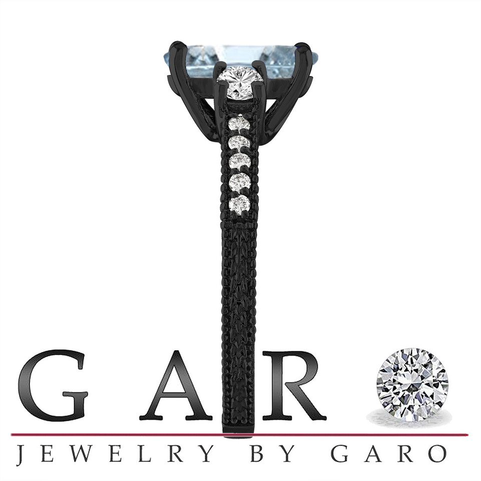 Aquamarine Marquise Engagement Ring and Wedding Band Sets 1.39 Carat Vintage 14K Black Gold Unique Handmade