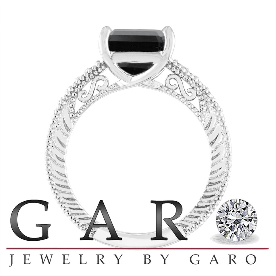 Emerald Cut Large Black Diamond Engagement Ring, Filigree Anniversary Ring 4.00 Carat 14K White Gold Unique Certified Handmade