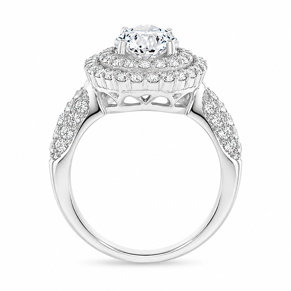 3.08 Carat Pear Moissanite & Diamond Engagement Ring Double Halo Pave 14K White Gold Handmade Certified