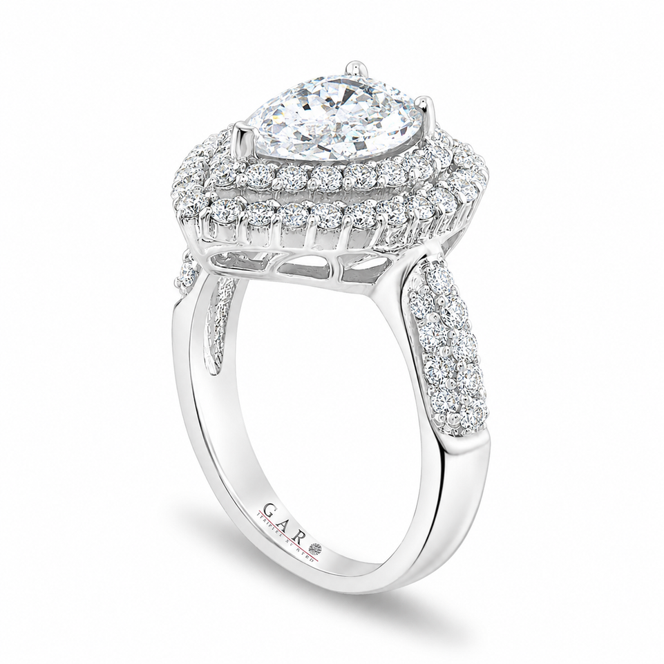 3.08 Carat Pear Moissanite & Diamond Engagement Ring Double Halo Pave 14K White Gold Handmade Certified