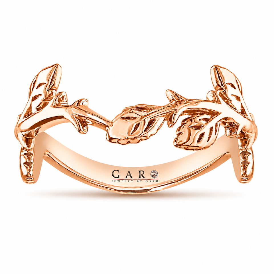 Unique Leaf Wedding Band Floral Anniversary Ring Nature Inspired Handmade 18K White Gold Rose Gold Yellow Gold Black Gold