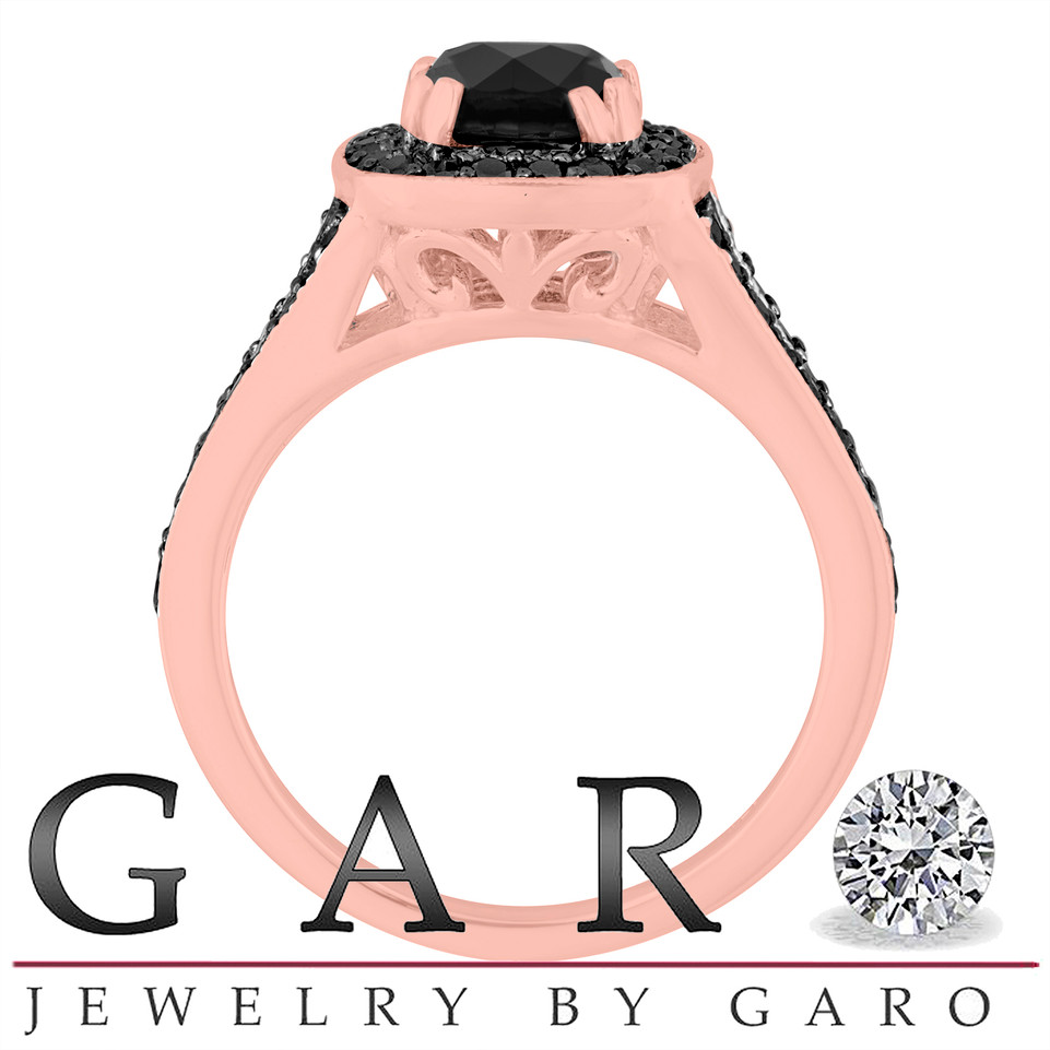 Black Diamond Halo Engagement Ring Unique 1.86 Carat 14K White Gold or Rose Gold or Yellow Gold Handmade Certified