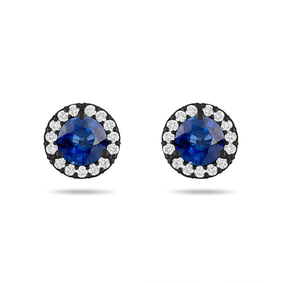 1.22 Carat Sapphire and Diamond Halo Earrings 14K Black Gold Vintage Style Handmade Certified