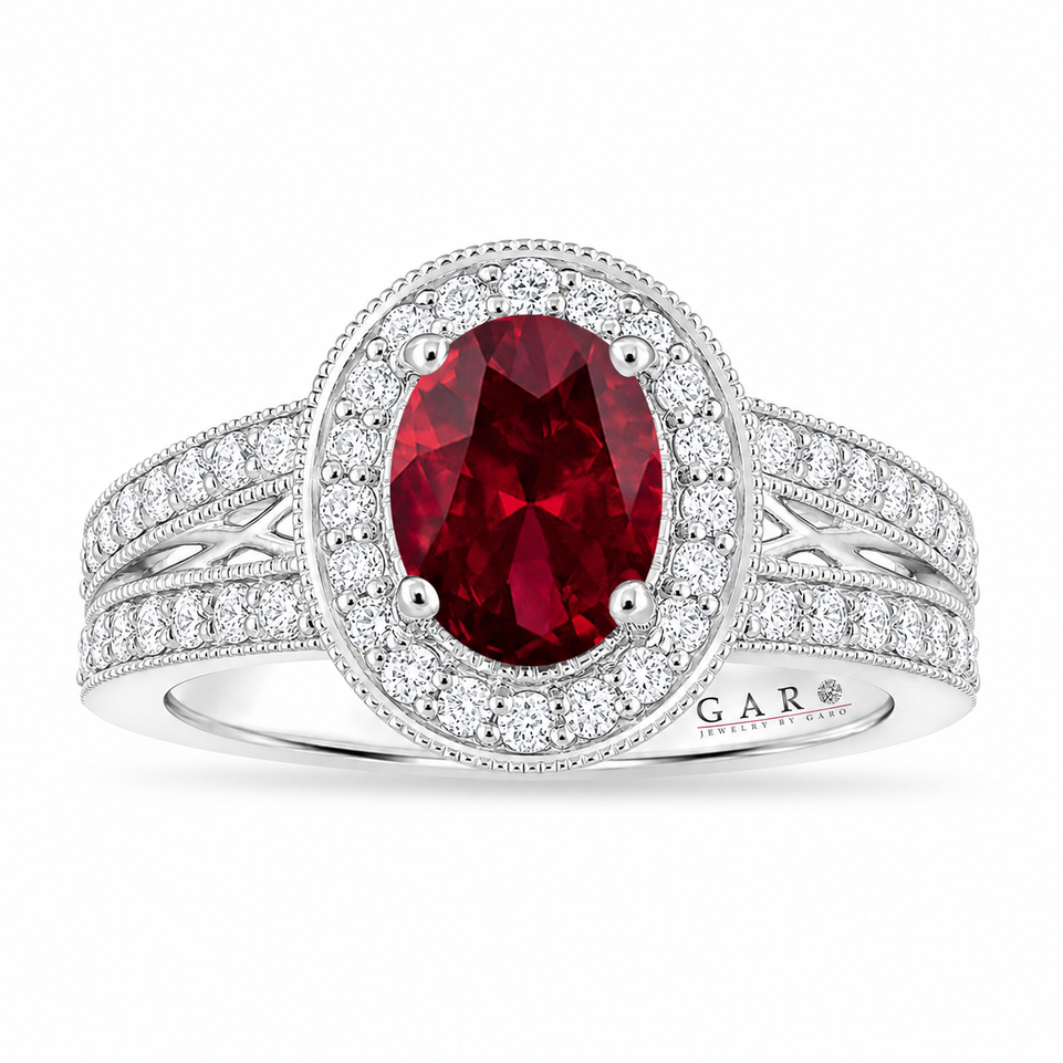 Oval Garnet Engagement Ring Unique Halo 14K White Gold 1.72 Carat Handmade Certified