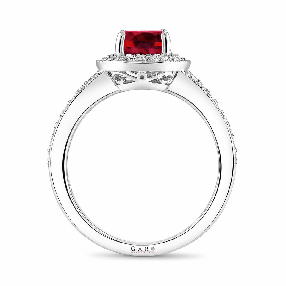 Oval Garnet Engagement Ring Unique Halo 14K White Gold 1.72 Carat Handmade Certified