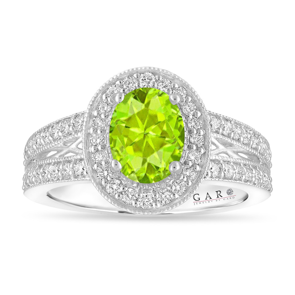 Oval Peridot Engagement Ring Unique Halo 14K White Gold 1.60 Carat Handmade Certified