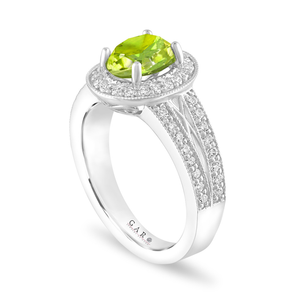 Oval Peridot Engagement Ring Unique Halo 14K White Gold 1.60 Carat Handmade Certified