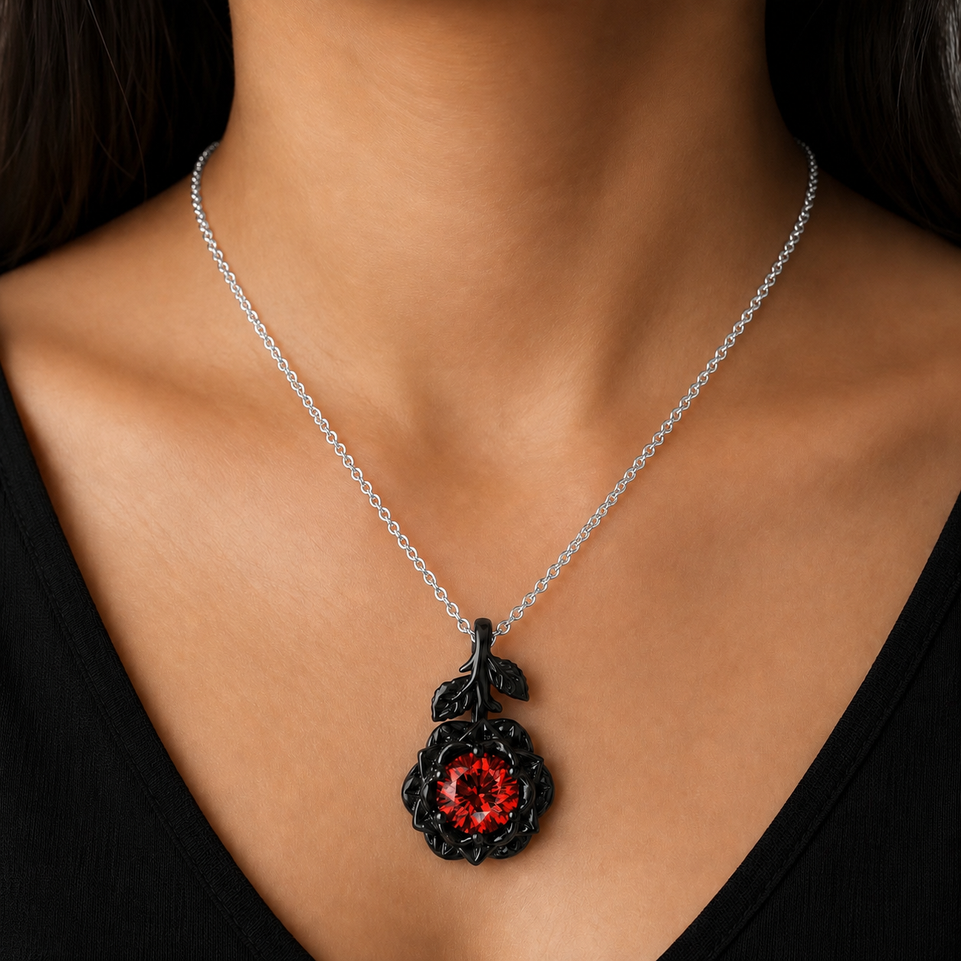 1.00 Carat Red Diamond Floral Pendant Necklace, 14K Black Gold Vintage Style Rose Flower Unique Handmade Certified