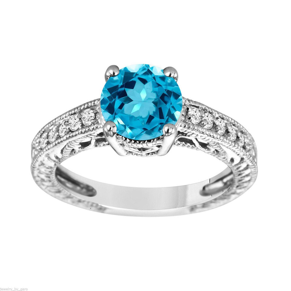 1.55 Carat Blue Topaz Engagement Ring 14K White Gold Unique Handmade Certified