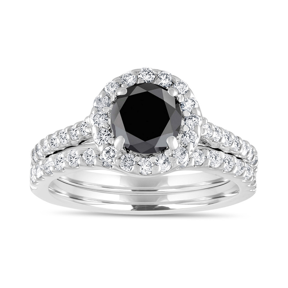 Black Diamond Halo Engagement Ring Sets 14K White Gold 1.88 Carat Unique Certified Handmade
