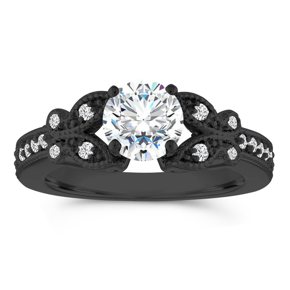 Butterfly Lab Grown Diamond Engagement Ring 14k Black Gold Vintage Style 1.19 Carat IGI Certified Unique Handmade