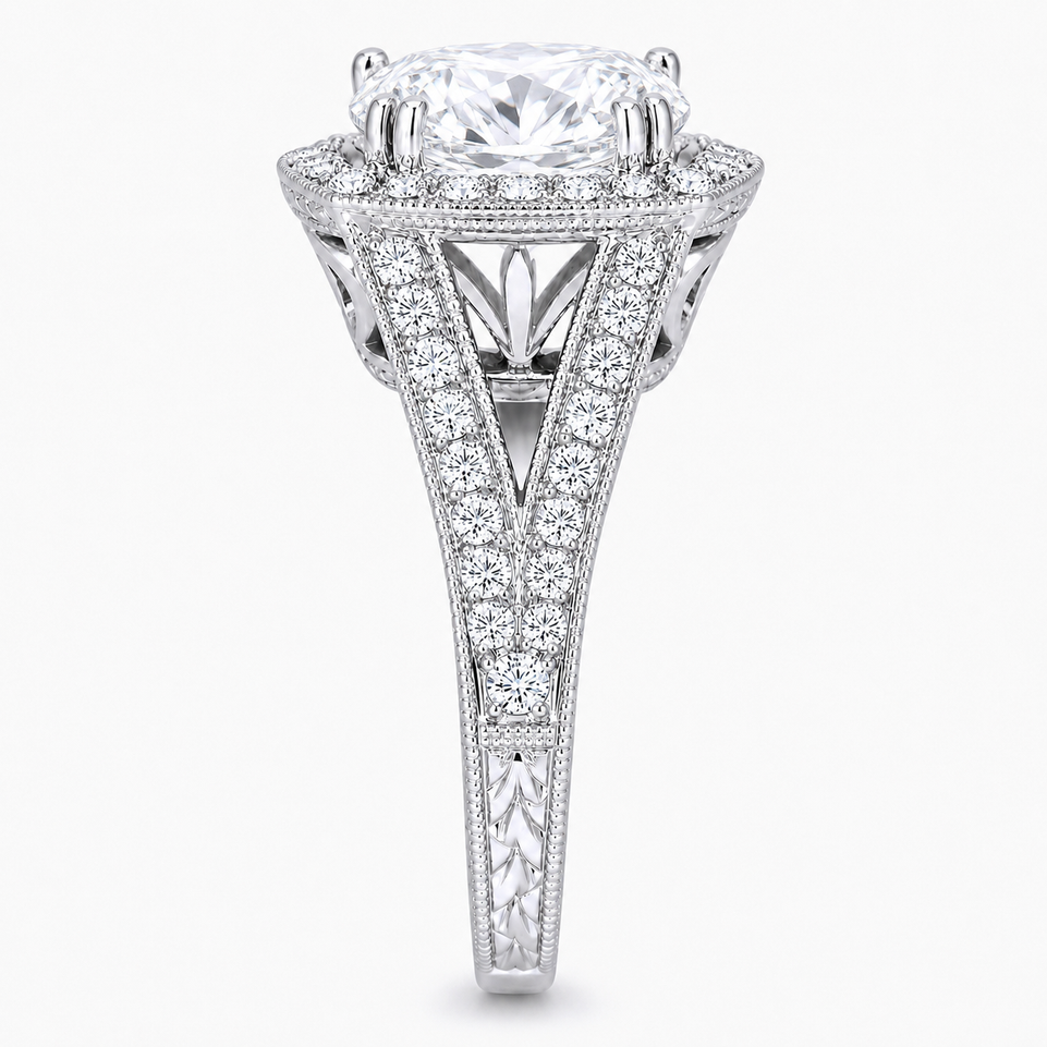 Unique Lab Grown Diamond Halo Engagement Ring 3.30 Carat IGI Certified 14K White Gold Hand Engraved Handmade