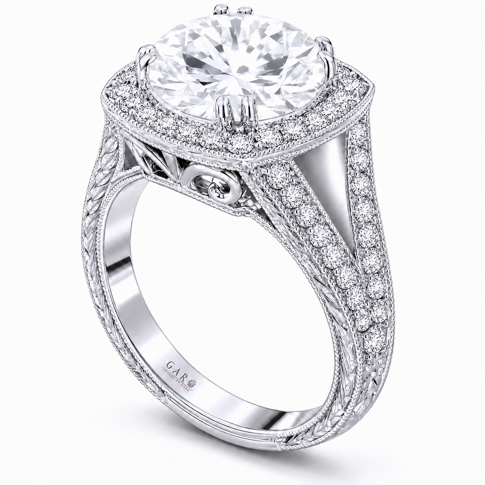 Unique Lab Grown Diamond Halo Engagement Ring 3.30 Carat IGI Certified 14K White Gold Hand Engraved Handmade