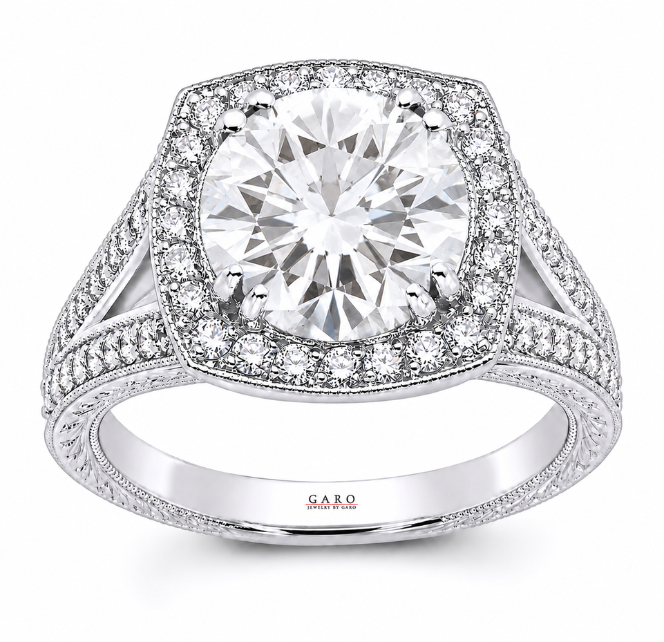 Platinum Lab Grown Diamond Halo Engagement Ring 3.30 Carat IGI Certified Hand Engraved Unique Handmade