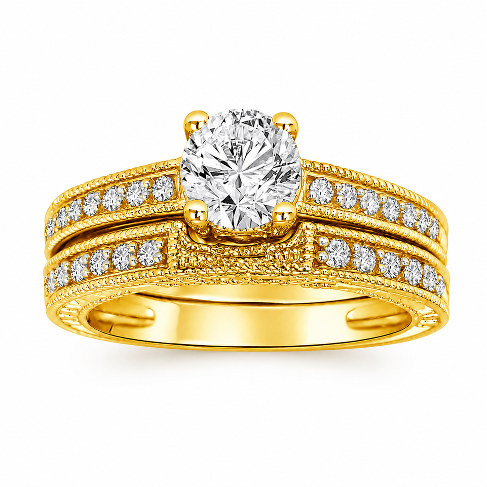 1.31 Carat Lab Grown Diamond Engagement Ring And Wedding Band Sets 14K White Gold Or Yellow Gold IGI Certified Vintage Style Engraved Unique Handmade