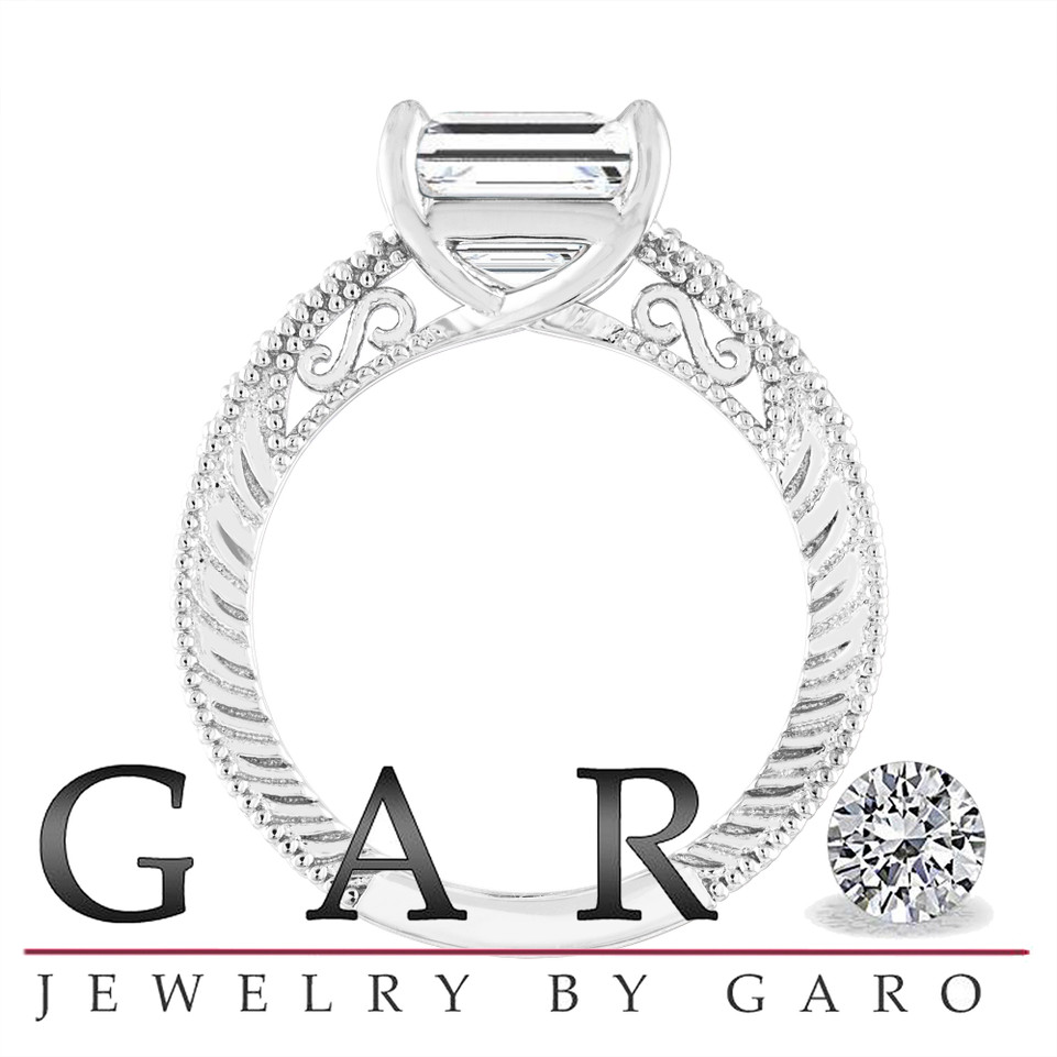 4.17 Carat Emerald Cut Lab Grown Diamond Engagement Ring IGI Certified Unique Filigree Vintage Style 14K White Gold Handmade