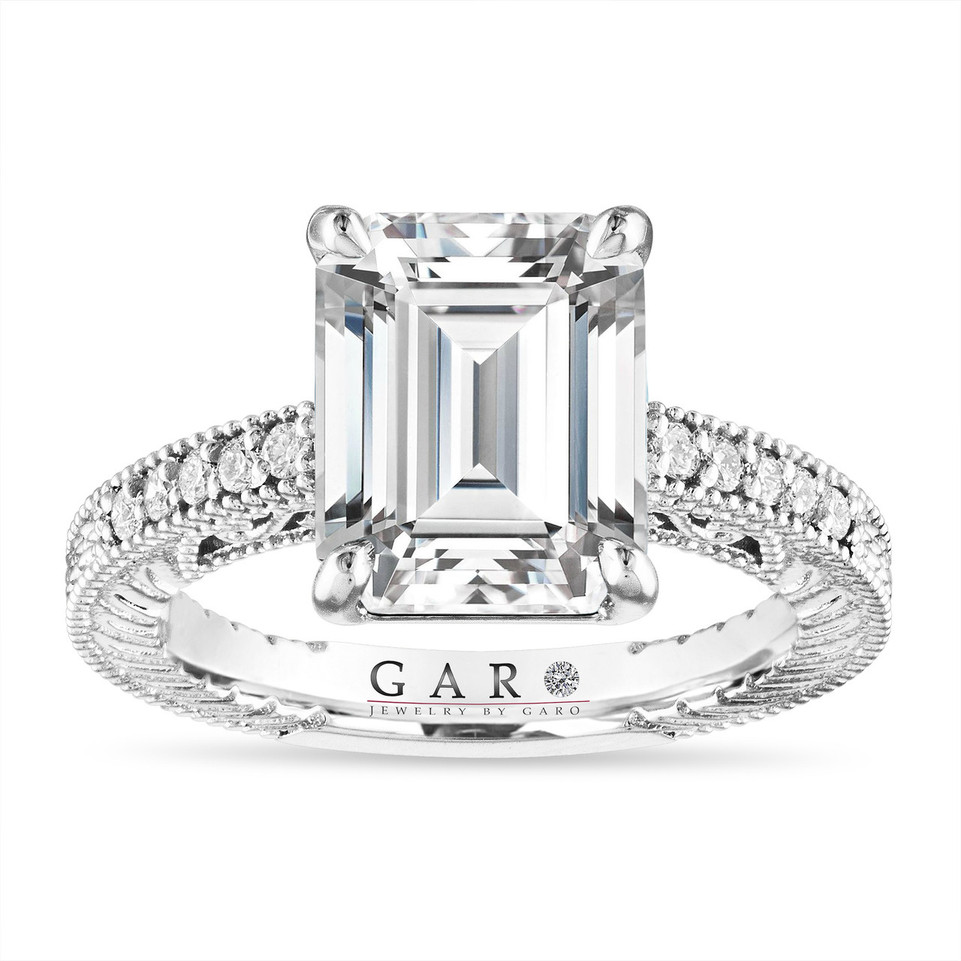 4.15 Carat Emerald Cut Lab Grown Diamond Engagement Ring IGI Certified Unique Filigree Vintage Style 14K White Gold Handmade