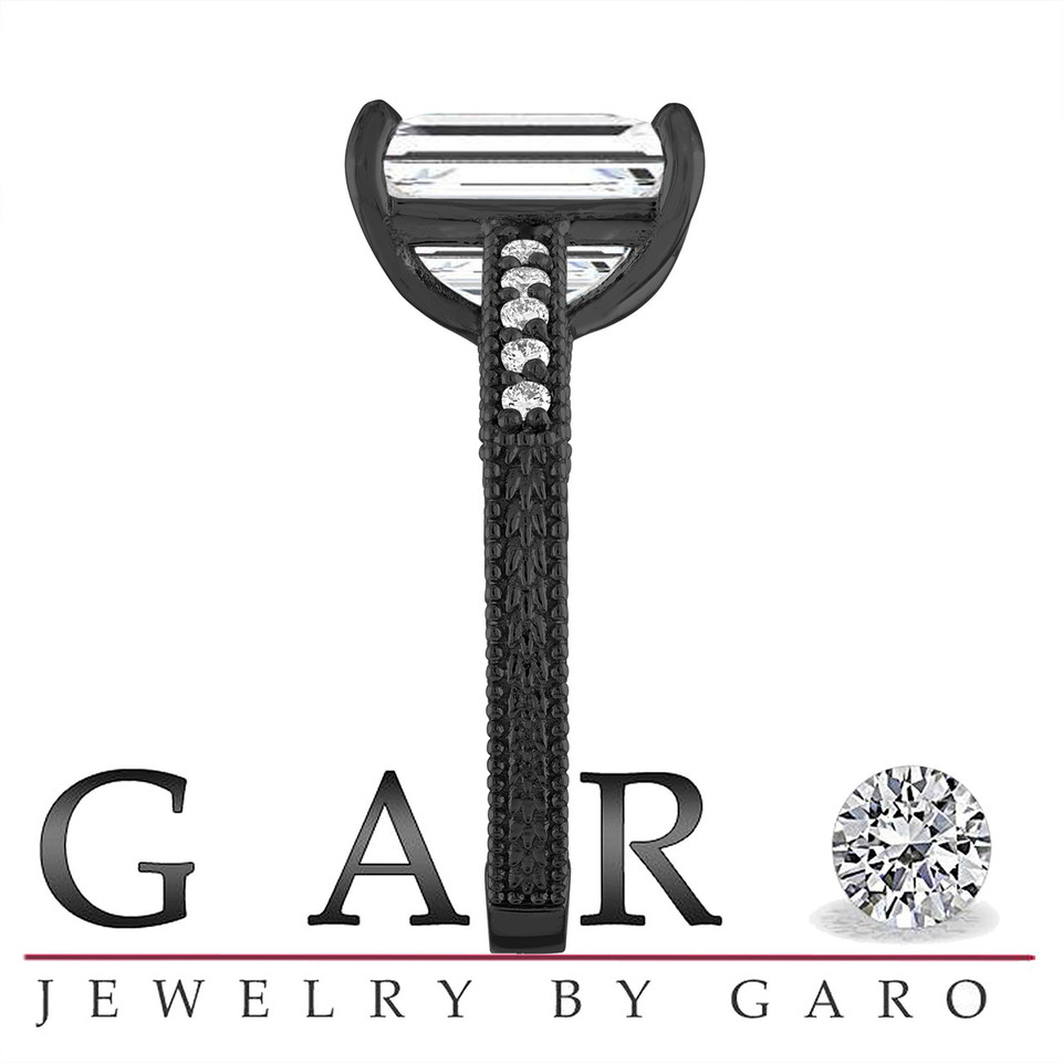 4.17 Carat Emerald Cut Lab Grown Diamond Engagement Ring IGI Certified Unique Filigree Vintage Style 14K Black Gold Handmade
